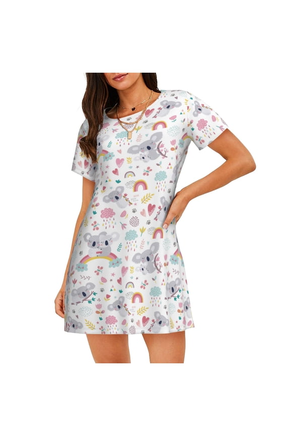 Cute Koala Print Women’s Nightdress – Cozy Cotton Short-sleeved Sleep Shirt, Loose-Fit Sleepwear, Perfect for Relaxing and Sleeping