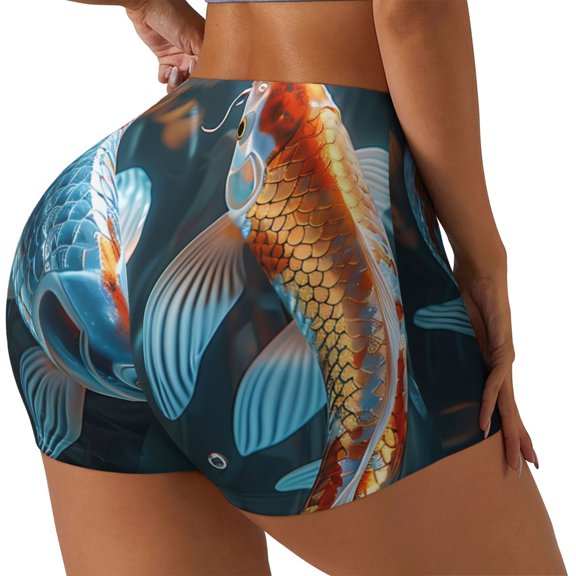 Rateoe Cute Koi Fish Serenity Printed Power Workout Shorts for Women Tummy Control Squat Proof Ribbed Thick Seamless Scrunch Active Short-Large