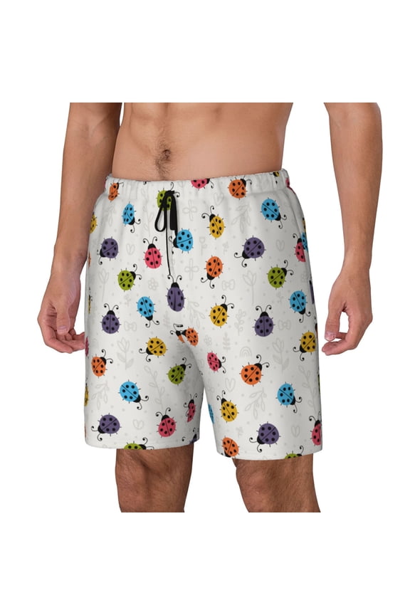 Cute Ladybugs Pattern Men’s Swim Shorts with Compression Liner – Double-Layered Quick-Dry Swimwear, Comfortable & Stretchy Beach Shorts-Large