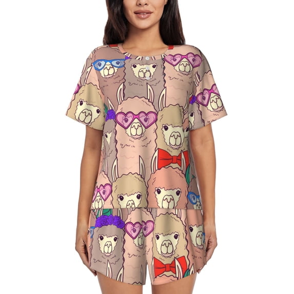 Rateoe Cute Lamas Pattern Women's Short-Sleeved Pajama Set - 2 Piece Soft and Lightweight Sleepwear Set-Large