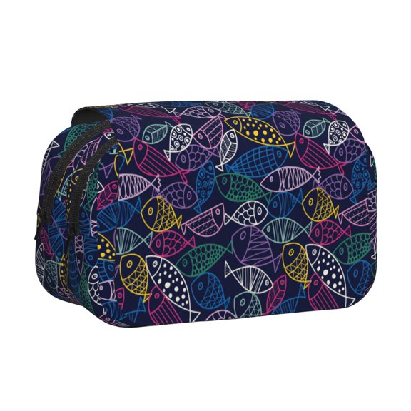 Rateoe Cute Line Fish Pattern Double Clamshell Pen Case, Storage Organizer with Two Zipper Compartments Holds Up to 50 Pencils & Pens