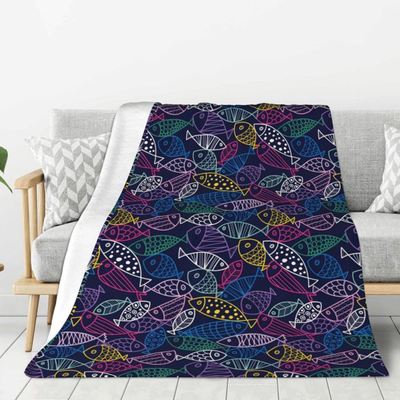 Rateoe Cute Line Fish Pattern Flannel Throw Blanket, Ultra-soft Blanket for Bed, Couch, Car, Hypoallergenic Anti-pilling blanket-50"x40"(Vertical)