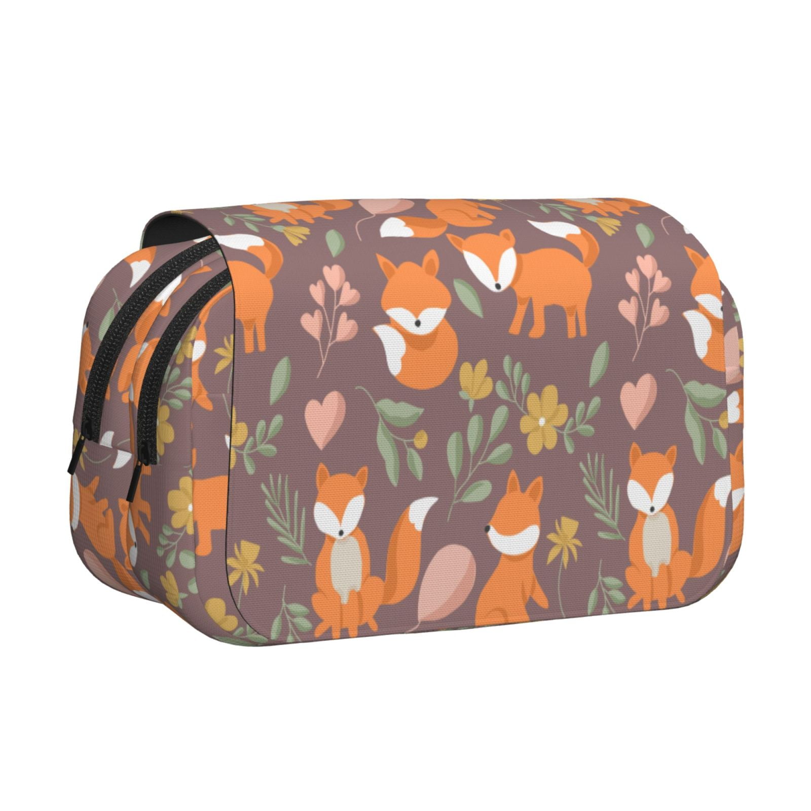 Rateoe Cute Little Fox Pattern Double Clamshell Pen Case, Storage Organizer with Two Zipper Compartments– Holds Up to 50 Pencils & Pens