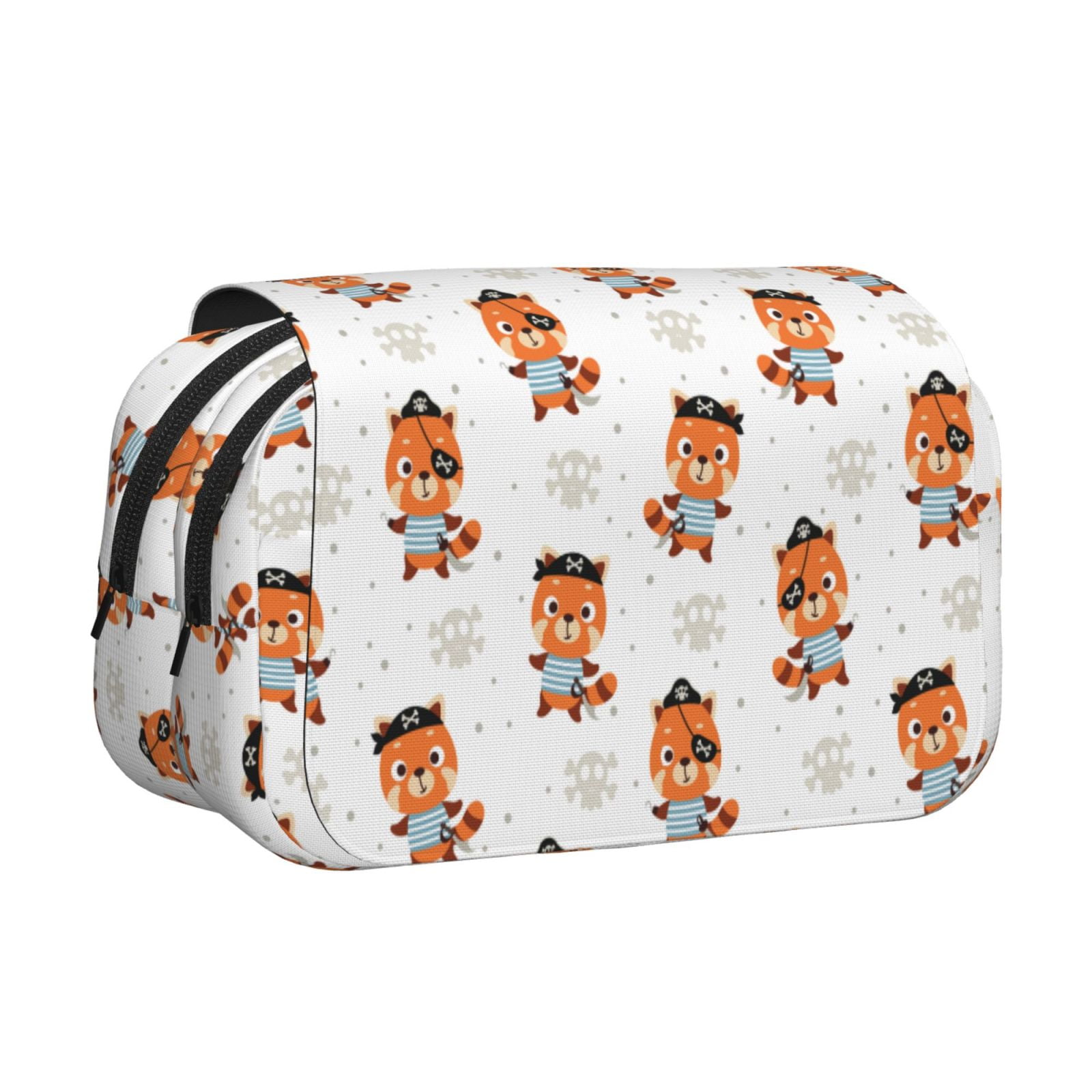 Rateoe Cute Little Pirate Red Panda Pattern Double Clamshell Pen Case, Storage Organizer with Two Zipper Compartments– Holds Up to 50 Pencils & Pens