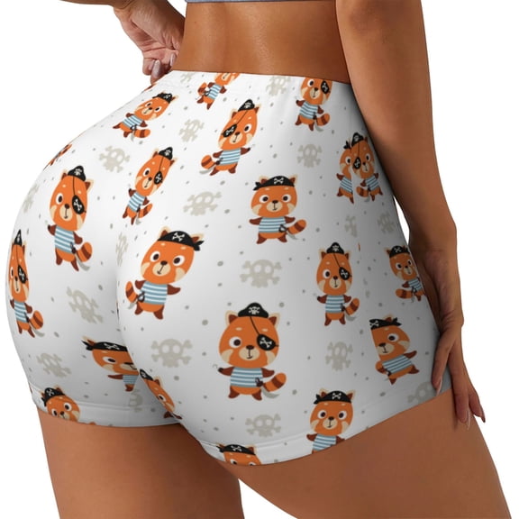 Rateoe Cute Little Pirate Red Panda Printed Power Workout Shorts for Women Tummy Control Squat Proof Ribbed Thick Seamless Scrunch Active Short-Large