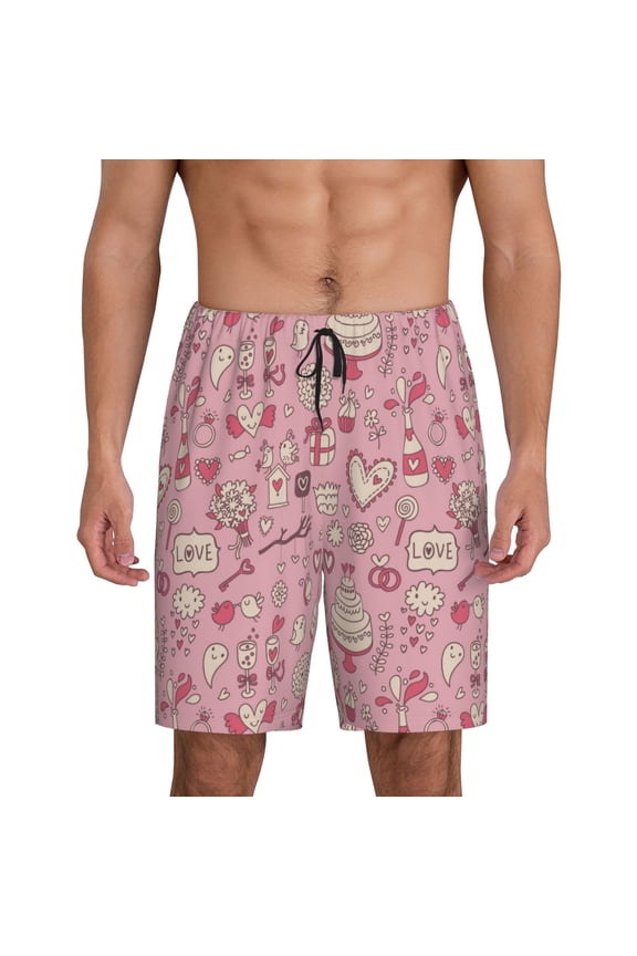 Cute Love Print Men's Lounge Shorts – Soft & Breathable Pajama Bottoms with Pockets, Elastic Waistband, Lightweight Sleepwear for Nightwear & Loungewear-