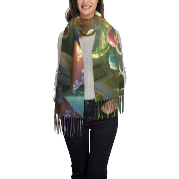 Rateoe Cute Mushroom Town A Women's Traditional Scarf Wrap Tassel Shawl Fringes Neck Head Shawl Retro Scarf
