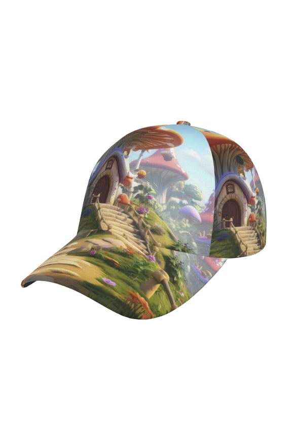 Cute Mushroom Town Pattern Baseball Cap Outdoor Cap Mountain Dad Hat - Unstructured Soft Cotton Cap-Adjustable UV Protection Cap