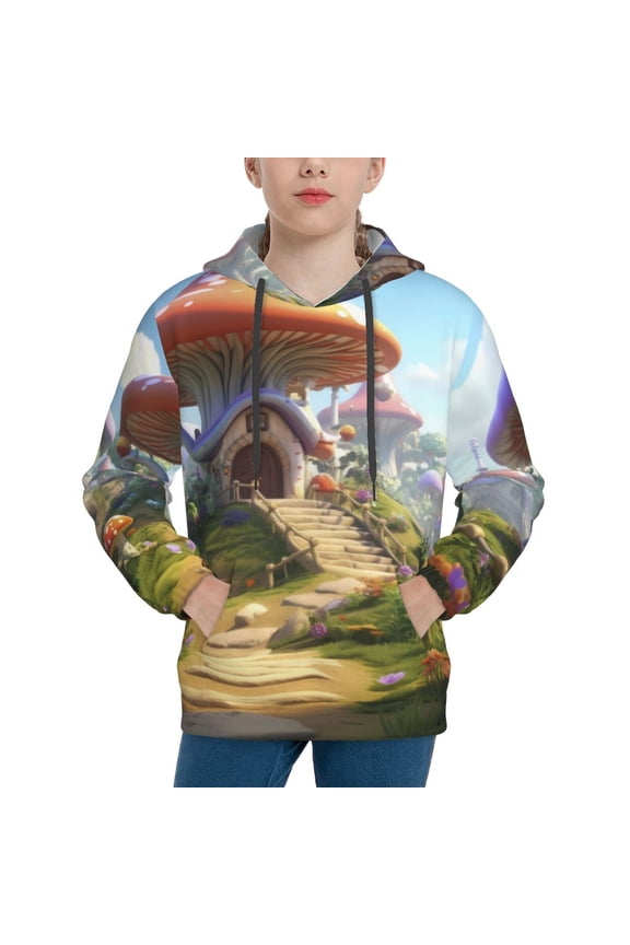 Cute Mushroom Town Pattern Boys Hoodie, Youth Pullover Hooded Sweatshirt, Kangaroo Pocket Hoodie for Kids-Medium