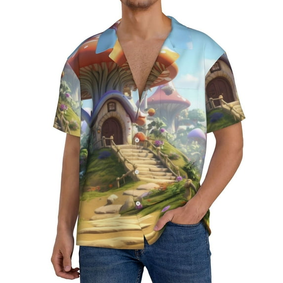 Rateoe Cute Mushroom Town Print Mens Front Pocket Hawaiian Shirts Casual Shirts Short Sleeve Button Down Beach Tropical Shirts-Small