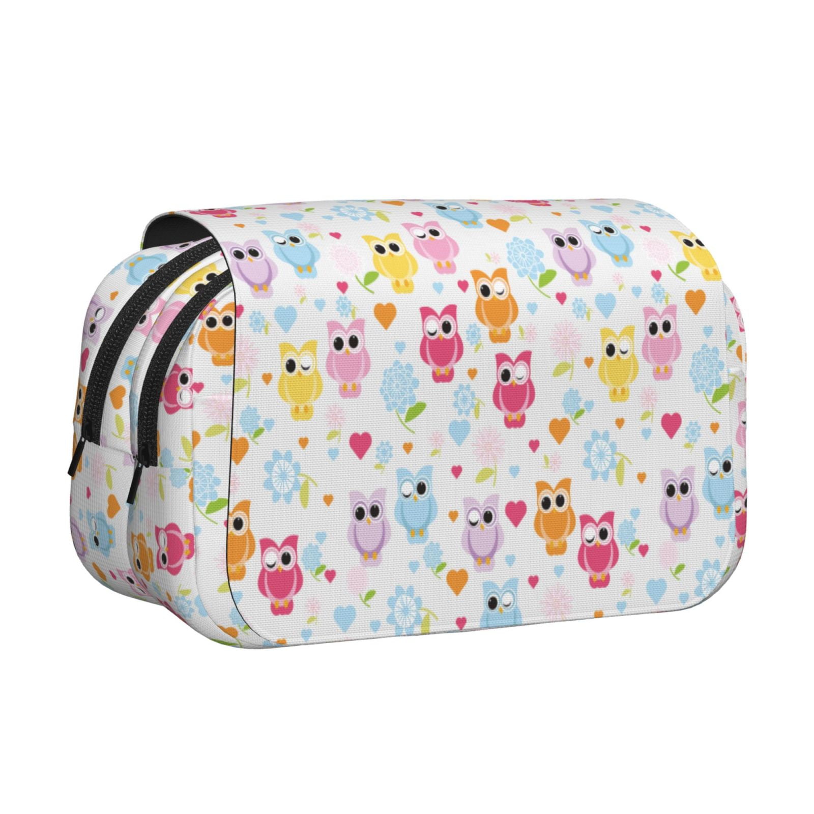 Rateoe Cute Owl Pattern Double Clamshell Pen Case, Storage Organizer with Two Zipper Compartments– Holds Up to 50 Pencils & Pens