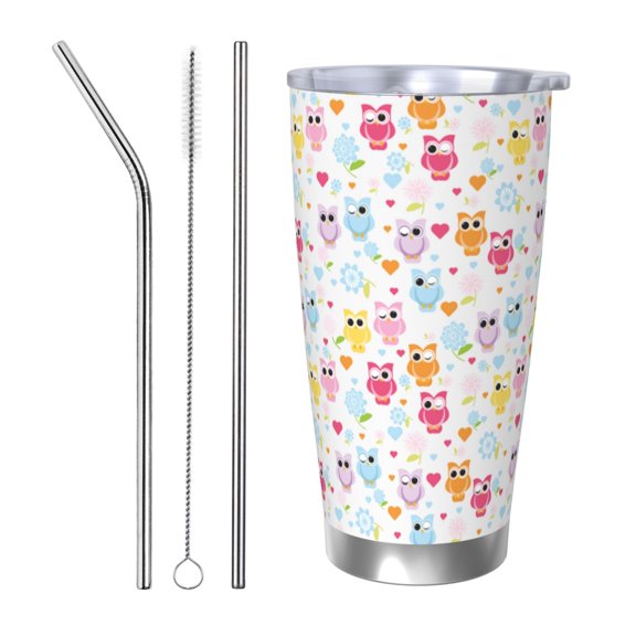 Rateoe Cute Owl Printed Car Guy Gifts for Men Women Tumbler - 20oz/590ml Double Wall Vacuum Insulated Stainless Steel Travel Tumbler Cups with Lid & Straw-Straw Three-piece Set