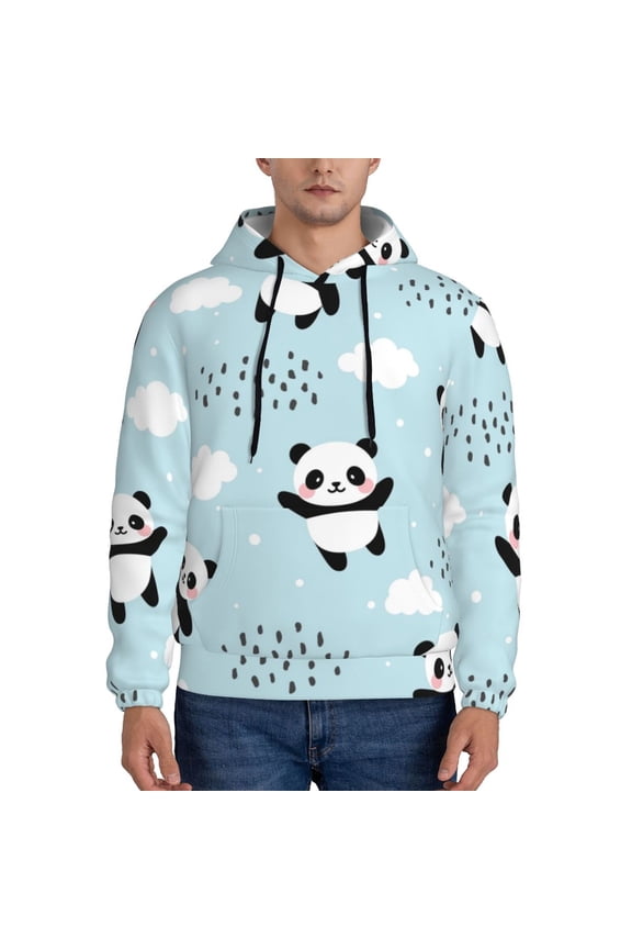 Cute Panda Bear Pattern Mens Hoodie, Pullover Hooded Sweatshirt, Kangaroo Pocket Hoodie Ideal for Daily Wear, Travel and Home-Medium