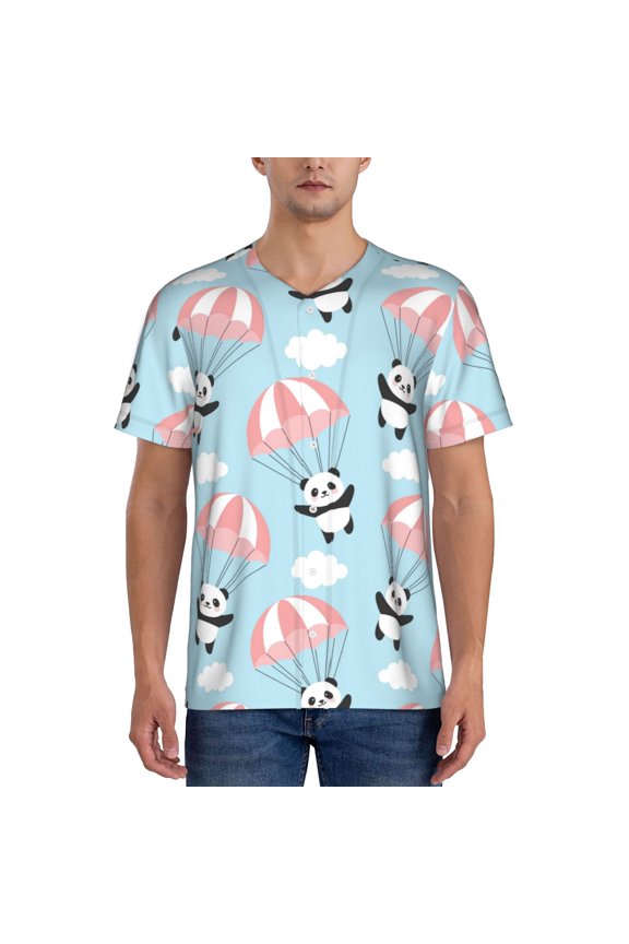 Cute Panda Flying in the Sky Pattern Men’s Baseball Short Sleeve Polo Shirt, Midweight Men's Shirt Golf Shirt Polo Shirts Quick Dry Short-Large