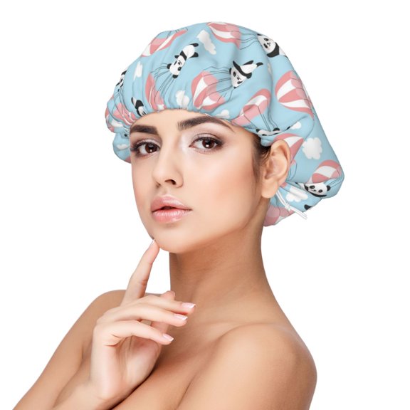 Rateoe Cute Panda Flying in the Sky Pattern Silk Satin Hair Bonnet for Sleeping, Adjustable Sleep Cap Turban for Women , Curly Straight Hair Long Large Braid