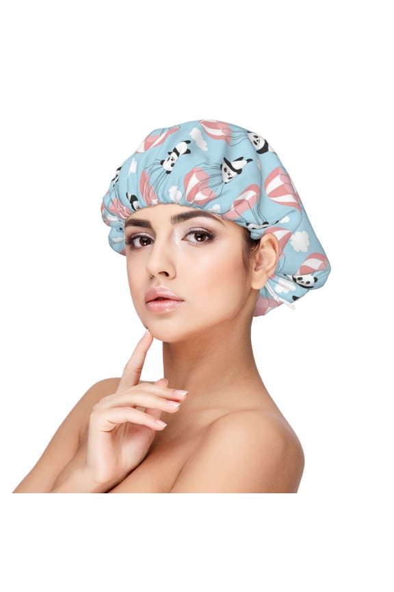 Cute Panda Flying in the Sky Pattern Silk Satin Hair Bonnet for Sleeping, Adjustable Sleep Cap Turban for Women , Curly Straight Hair Long Large Braid