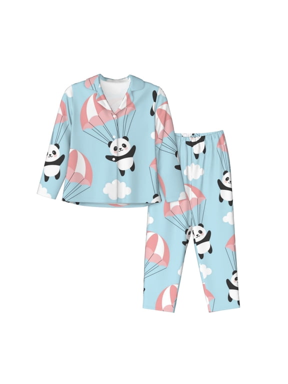 Cute Panda Flying in the Sky Pattern Womens Pajamas Set Long Sleeve Sleepwear Button Down Nightwear Soft Cotton Pj Lounge Sets