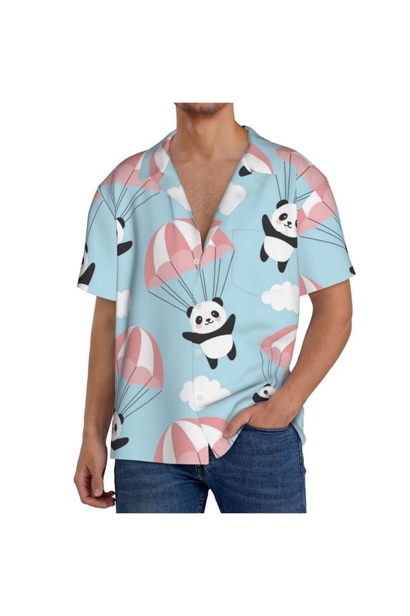 Cute Panda Flying in the Sky Print Mens Front Pocket Hawaiian Shirts Casual Shirts Short Sleeve Button Down Beach Tropical Shirts-