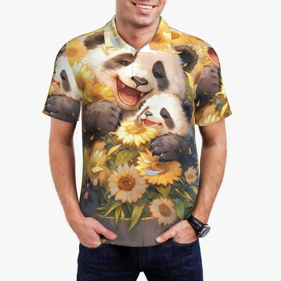 Rateoe Cute Panda Sunflower Pattern Men's Short Sleeve Polo Shirts, Golf Polo Shirts Short Sleeve Performance Moisture Wicking Dry-Small
