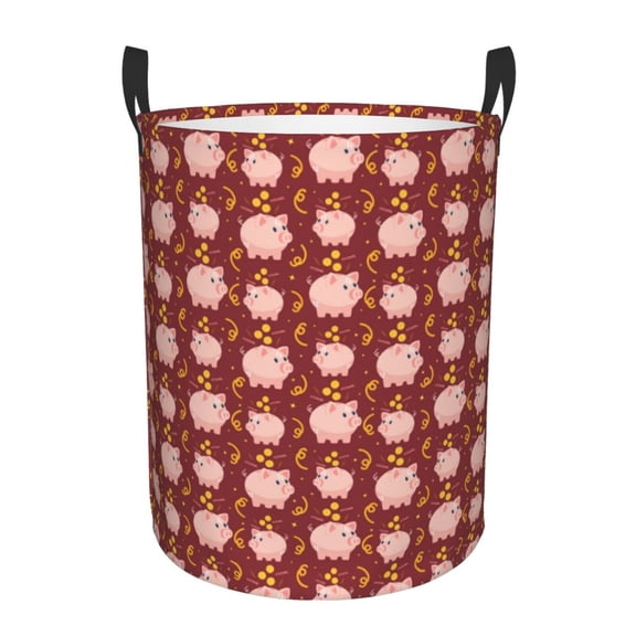 Rateoe Cute Pig with Coins Pattern Round Laundry Hamper Basket, Tall Hamper Basket for Blanket Storage, Nursery Clothes Hamper for Laundry in Bedroom and College Dorm-Small