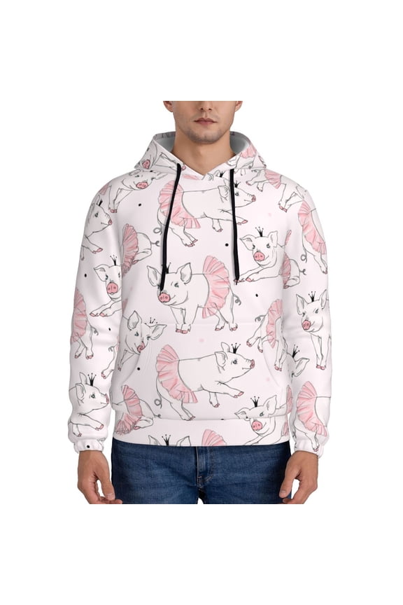Cute Piggy Ballerina Pattern Mens Hoodie, Pullover Hooded Sweatshirt, Kangaroo Pocket Hoodie Ideal for Daily Wear, Travel and Home-3X-Large