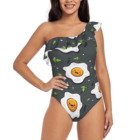 Rateoe Cute Poached Eggs Pattern Women One Piece Swimsuits Tummy Control One Shoulder Bathing Suits Ruffle Swimwear-Medium