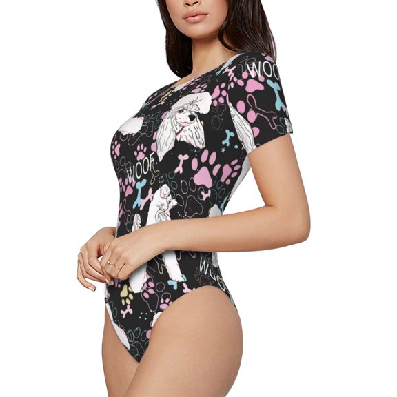 Rateoe Cute Poodle Dog Printed Women Rash Guard Short Sleeve,Tummy control Swimsuit Surfing Swimsuit Bathing Suit Short-sleeved Onesie UPF 50+