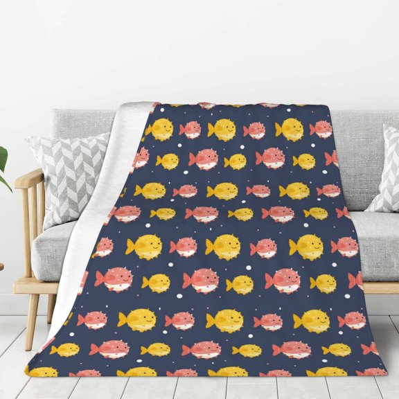 Rateoe Cute Puffer Fish Pattern Flannel Throw Blanket, Ultra-soft Blanket for Bed, Couch, Car, Hypoallergenic Anti-pilling blanket-50"x40"(Vertical)