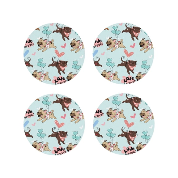 Rateoe Cute Pug Dogs Drawing Drink Coasters Set of 4 Leather Coasters Spill Protection for Table Desk,Durable and Non Slip Leather Coaster ,4 Inches Drink Mats-Round Shape