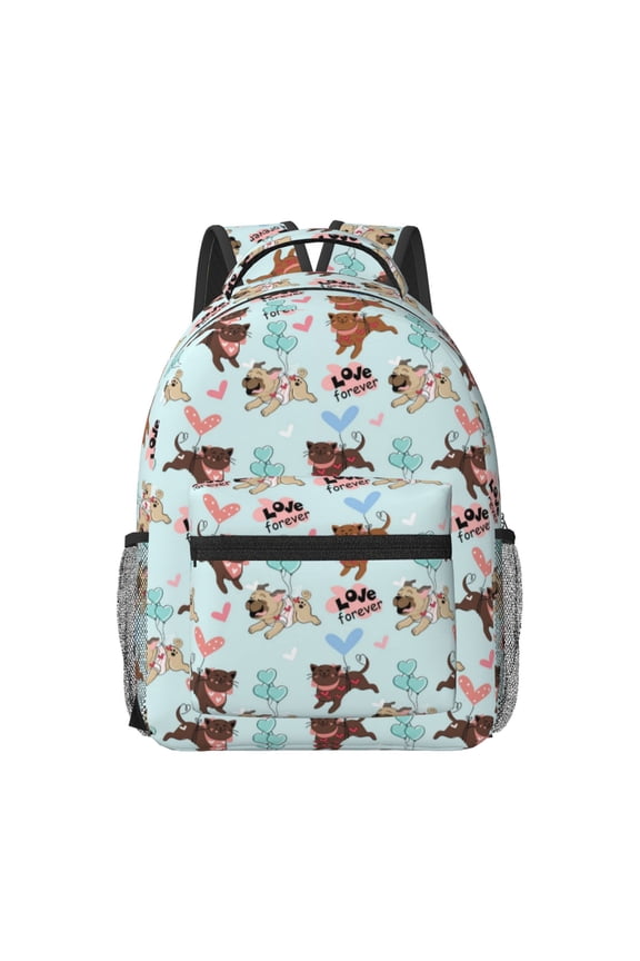Cute Pug Dogs Pattern Durable Student Backpack Laptop Bag- Ergonomic Design, Waterproof Twill Fabric - Ideal for School, Travel, and Outdoor Activities