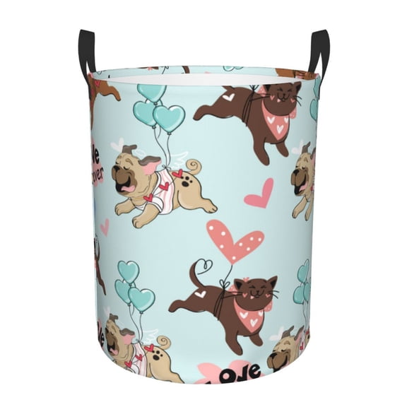 Rateoe Cute Pug Dogs Pattern Round Laundry Hamper Basket, Tall Hamper Basket for Blanket Storage, Nursery Clothes Hamper for Laundry in Bedroom and College Dorm-Small