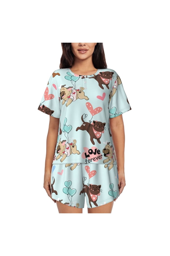 Cute Pug Dogs for 2 Piece Short Sleeves Pajama Sets Casual Lounge Sleepwear Ladies Pjs Sets with Pocket-Large