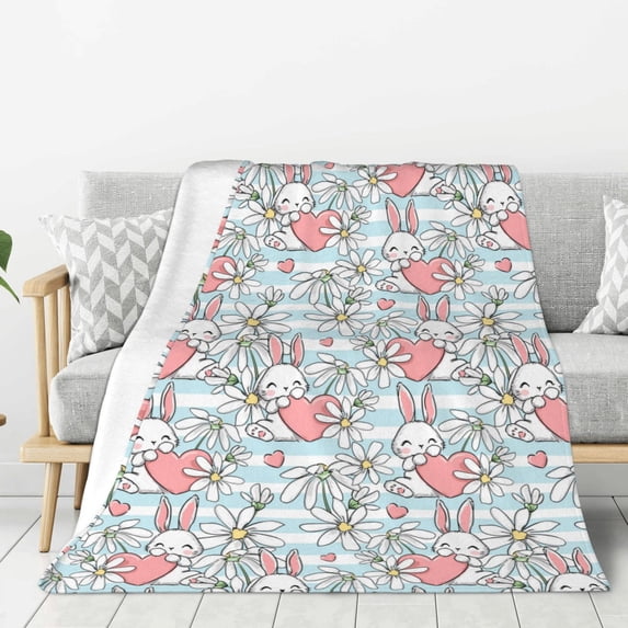 Rateoe Cute Rabbit And Heart Pattern Flannel Throw Blanket, Ultra-soft Blanket for Bed, Couch, Car, Hypoallergenic Anti-pilling blanket-40"x30"(Vertical)