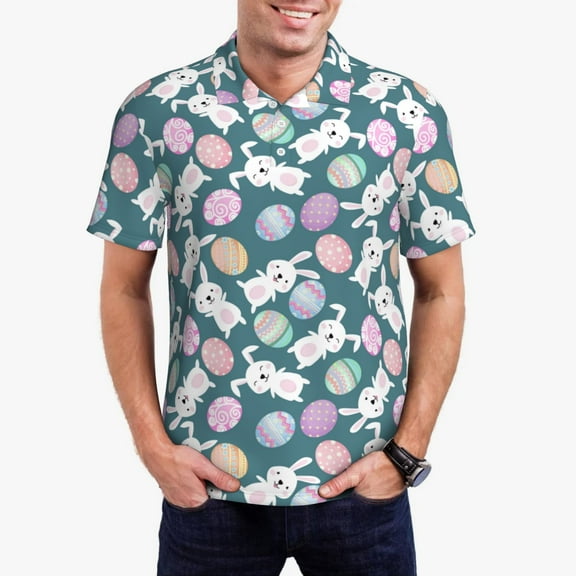 Rateoe Cute Rabbit Easter Pattern Men's Short Sleeve Polo Shirts, Golf Polo Shirts Short Sleeve Performance Moisture Wicking Dry-Medium