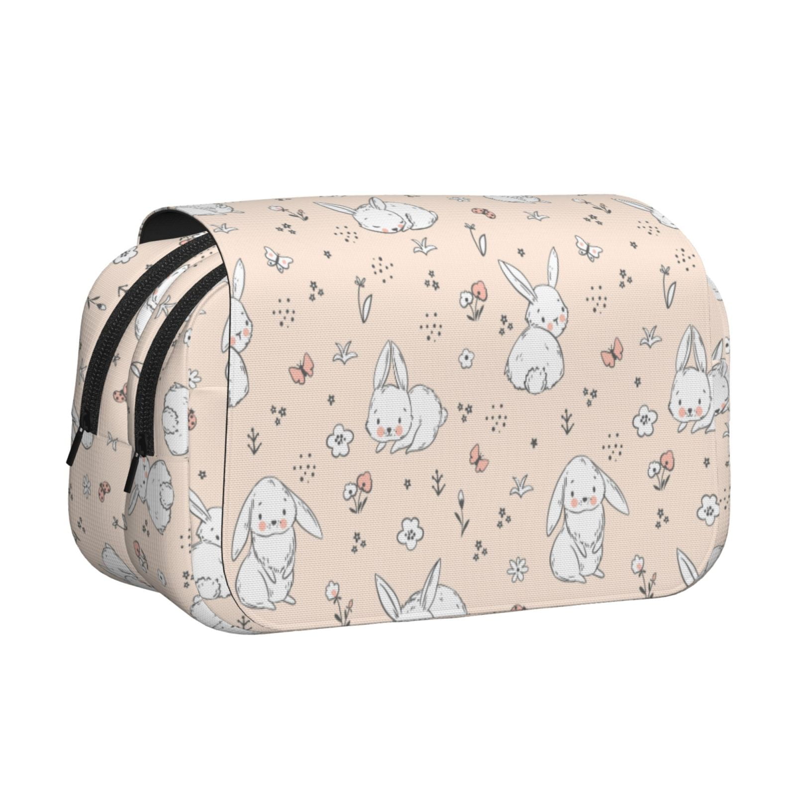 Rateoe Cute Rabbit Pattern Double Clamshell Pen Case, Storage Organizer with Two Zipper Compartments– Holds Up to 50 Pencils & Pens