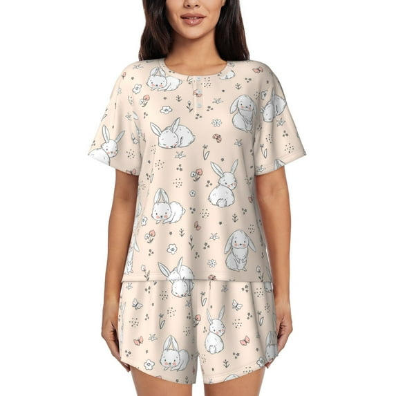 Rateoe Cute Rabbit for 2 Piece Short Sleeves Pajama Sets Casual Lounge Sleepwear Ladies Pjs Sets with Pocket-X-Large