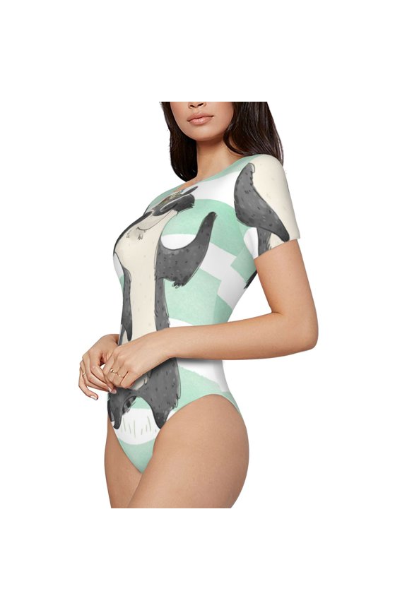 Cute Raccoon Printed Women Rash Guard Short Sleeve,Tummy control Swimsuit Surfing Swimsuit Bathing Suit Short-sleeved Onesie UPF 50+