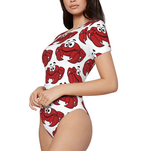 Rateoe Cute Red Crab Printed Women Rash Guard Short Sleeve,Tummy control Swimsuit Surfing Swimsuit Bathing Suit Short-sleeved Onesie UPF 50+