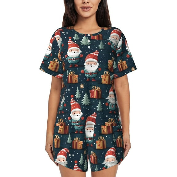 Rateoe Cute Santa Claus Gift Pattern Women's Short-Sleeved Pajama Set - 2 Piece Soft and Lightweight Sleepwear Set-Small