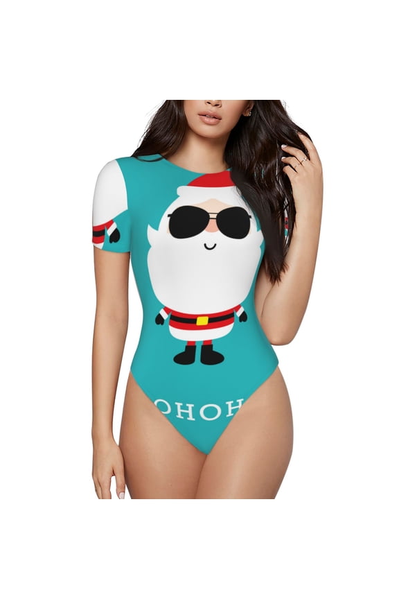 Cute Santa Claus Printed Women Rash Guard Short Sleeve,Tummy control Swimsuit Surfing Swimsuit Bathing Suit Short-sleeved Onesie UPF 50+ -
