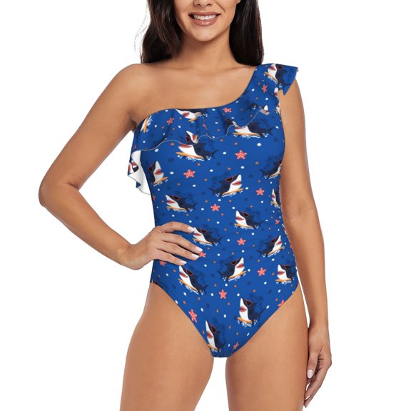 Rateoe Cute Shark Cartoon Pattern Women One Piece Swimsuits Tummy Control One Shoulder Bathing Suits Ruffle Swimwear-Large