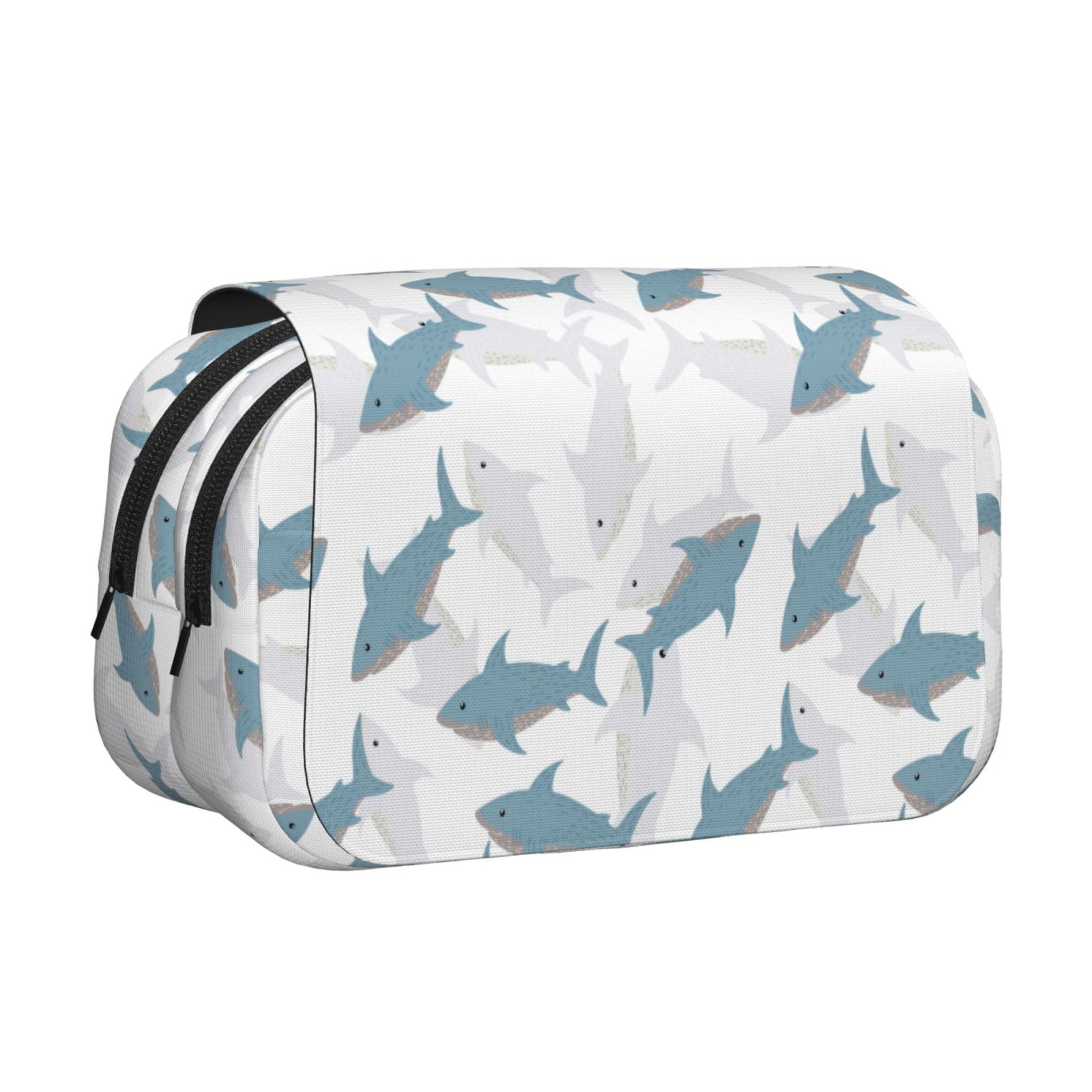 Rateoe Cute Shark Pattern Double Clamshell Pen Case, Storage Organizer with Two Zipper Compartments– Holds Up to 50 Pencils & Pens
