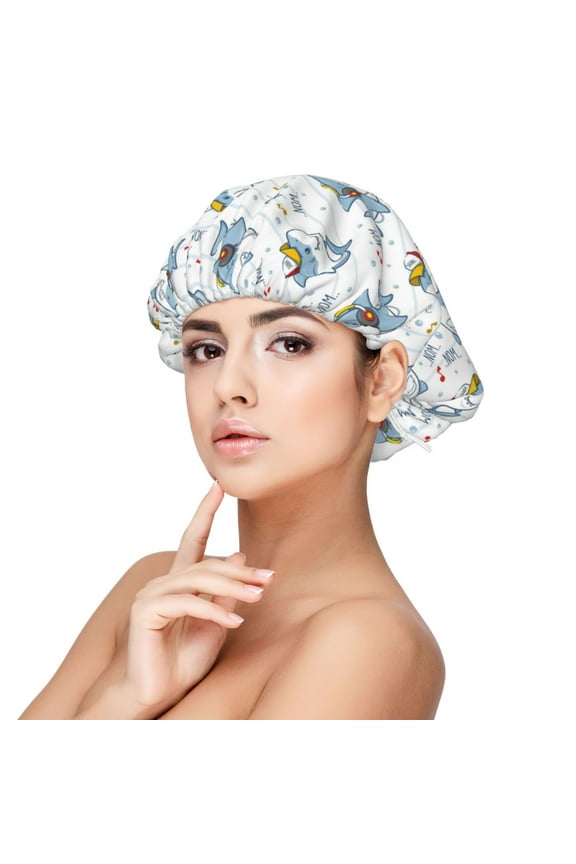 Cute Shark Pattern Silk Satin Hair Bonnet for Sleeping, Adjustable Sleep Cap Turban for Women , Curly Straight Hair Long Large Braid