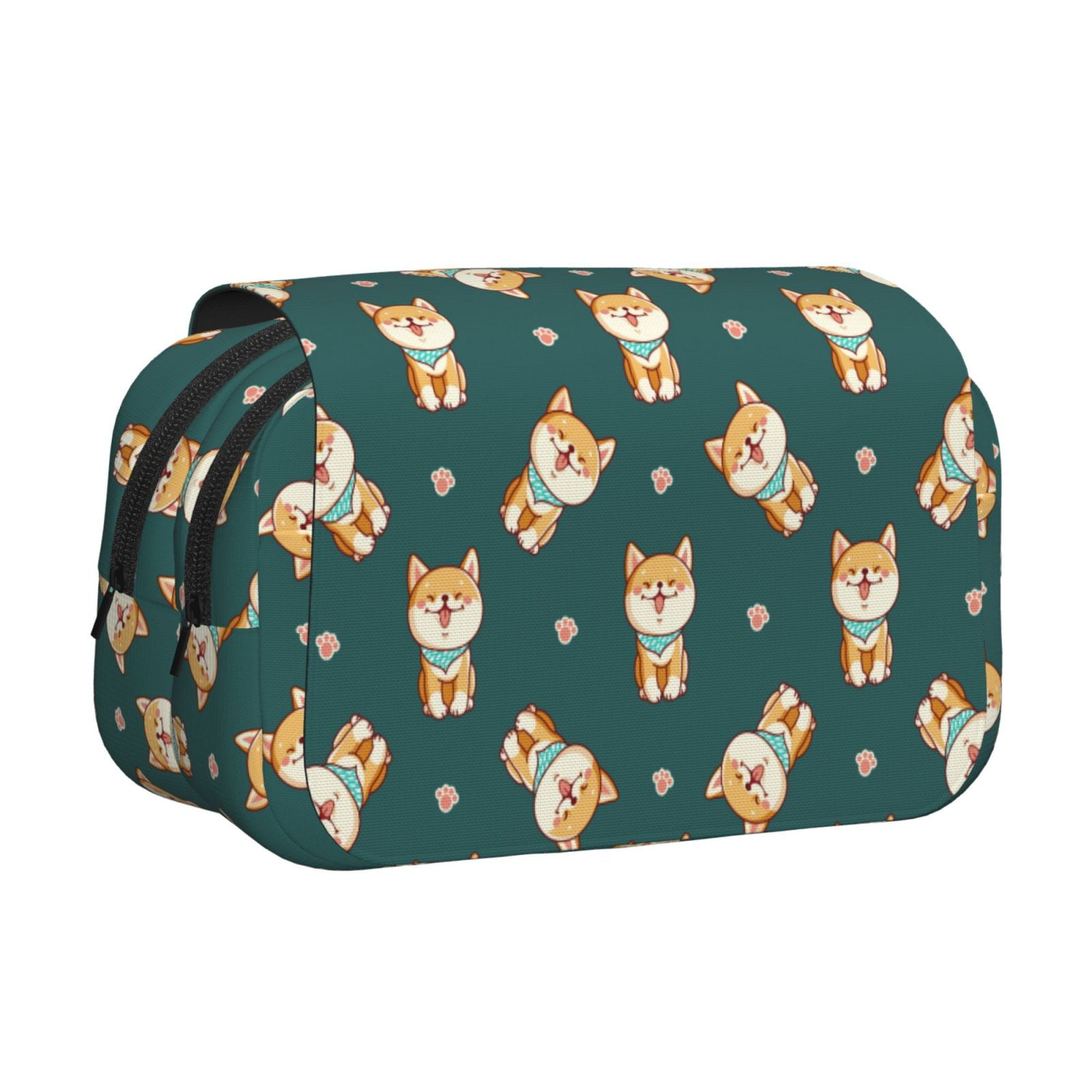 Rateoe Cute Shiba Pattern Double Clamshell Pen Case, Storage Organizer with Two Zipper Compartments– Holds Up to 50 Pencils & Pens