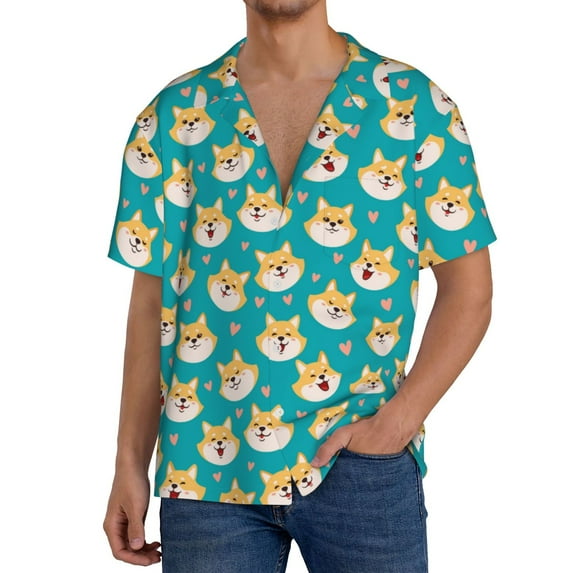 Rateoe Cute Shiba1 Pattern Men's Short Sleeve Classic Shirt, Casual Short-Sleeved Shirt, Lightweight Summer Shirt, Cuban Collar Shirt,Button-Front Shirt-3X-Large
