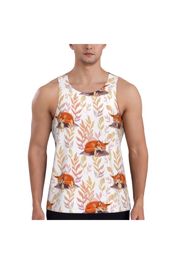 Cute Sleepy Fox Pattern Sleeveless Gym Shirt Muscle Tee Breathable Workout Shirt Slim-Fit Tank Quick Dry Fit Muscle Tank Top Bodybuilding Sleeveless T Shirt-X-Large