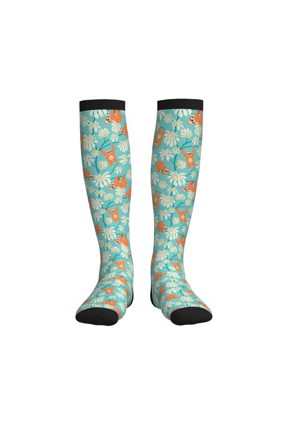 Cute Sloth on Floral Tree Compression Socks for Women and Men 20-30mmHg-Circulation Support Socks Knee High Nurse Pregnant Running Medical and Travel Athletic