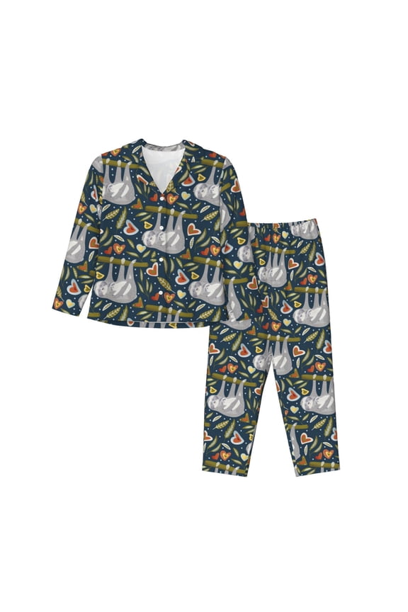 Cute Sloth Pattern Womens Pajamas Set Long Sleeve Sleepwear Button Down Nightwear Soft Cotton Pj Lounge Sets