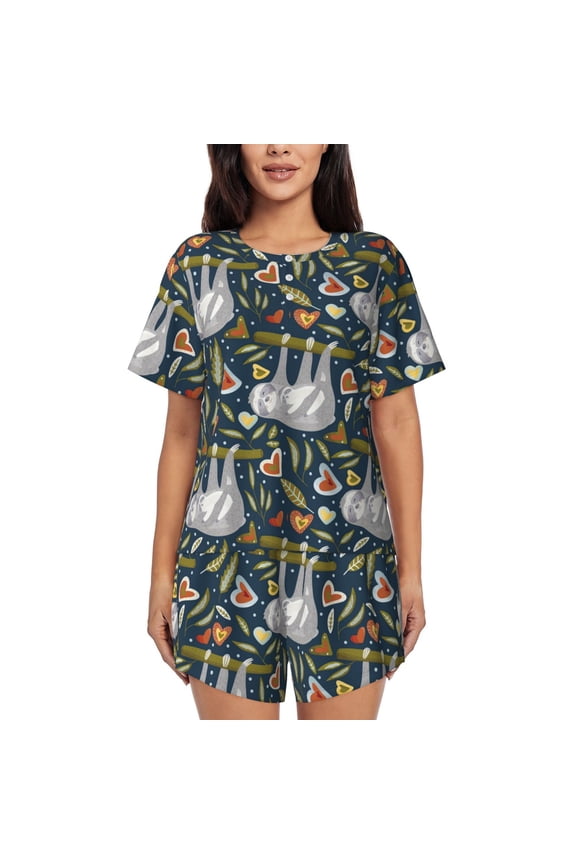 Cute Sloth for 2 Piece Short Sleeves Pajama Sets Casual Lounge Sleepwear Ladies Pjs Sets with Pocket-Large