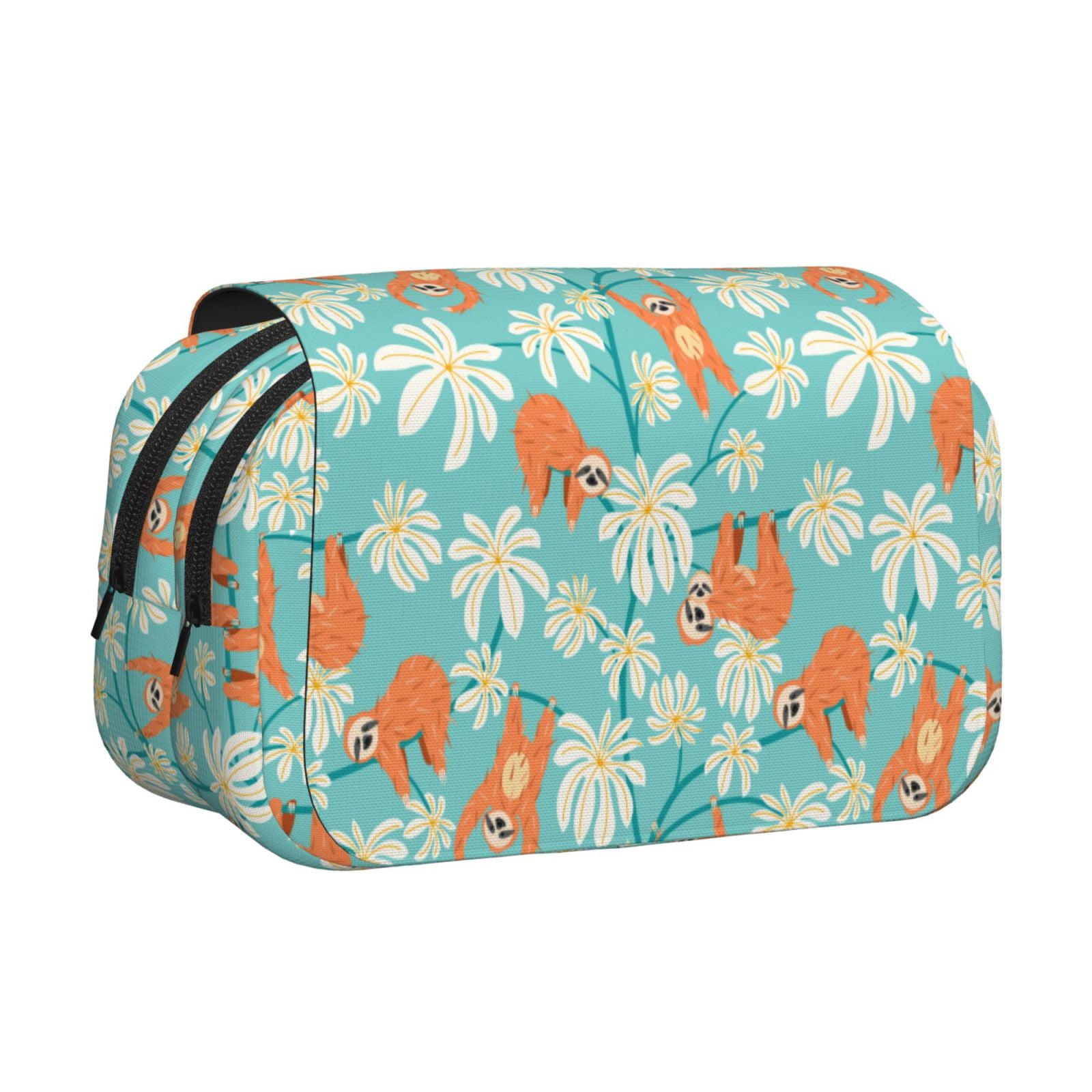 Rateoe Cute Sloth on Floral Tree Pattern Double Clamshell Pen Case, Storage Organizer with Two Zipper Compartments– Holds Up to 50 Pencils & Pens